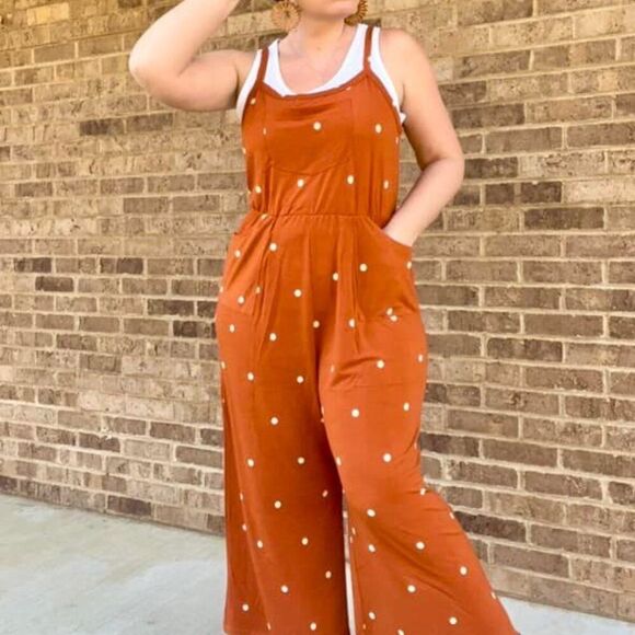 NEW LuLaRoe Leola Wide Leg Cami Jumpsuit Orange Pumpkin Polka Dot White NWT BOHO - Picture 8 of 9